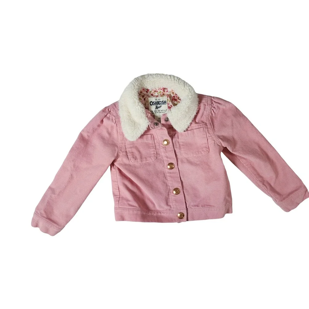 OshKosh Bgosh Toddler Girls Pink Corduroy Jacket Faux Shearling Collar 3T‎
